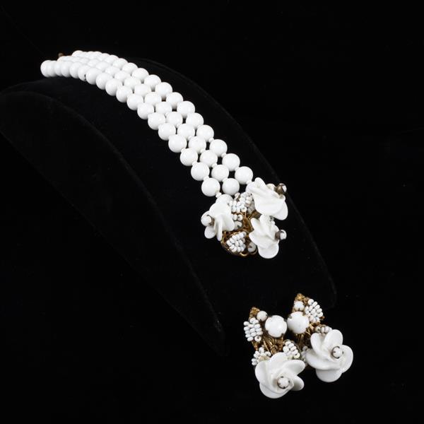 Appraisal: Miriam Haskell pc Milk Glass Beaded Bracelet Clip Earrings bracelet