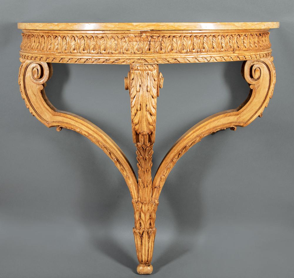 Appraisal: Italian Carved Fruitwood Console Table demilune marble top foliate frieze