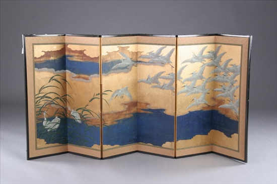 Appraisal: ANONYMOUS Japanese th century Flying Cranes Four-panel screen hand-painted with