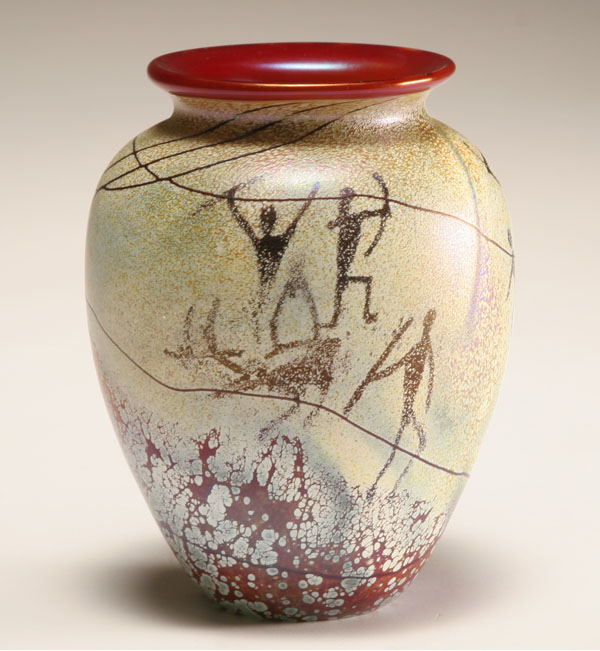 Appraisal: Richard Satava red studio glass vase Petroglyph designs to body