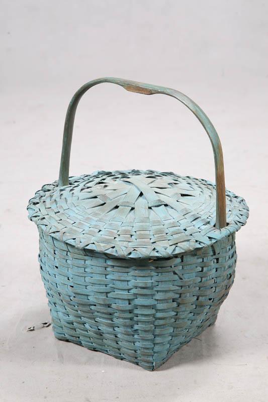 Appraisal: BASKET Woven basket with blue paint and affixed slide lid