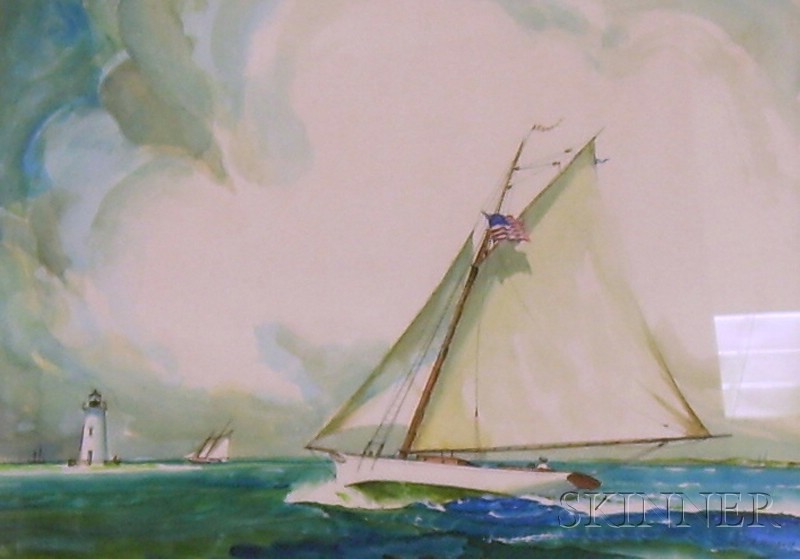 Appraisal: Framed Watercolor and Ink on Paper Board Yachting Scene by