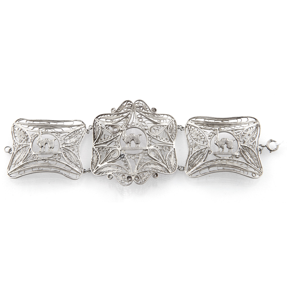 Appraisal: PERUVIAN SILVER FILIGREE LINK CUFF BRACELET EACH PANEL CENTERING A