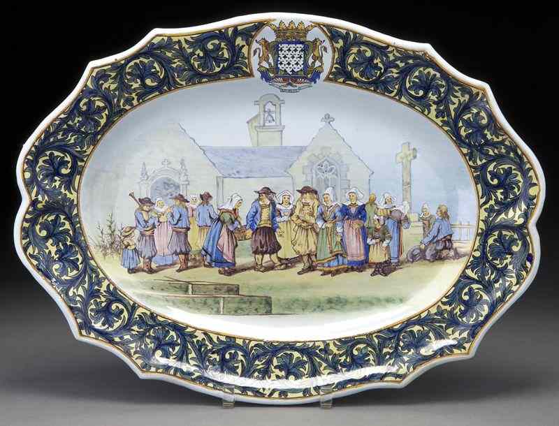 Appraisal: Large Porquier-Beau Quimper pottery platterdepicting a gathering outside a church