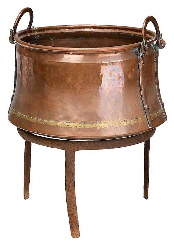 Appraisal: Hammered Copper Cauldron on Wrought Iron Stand probably Continental early