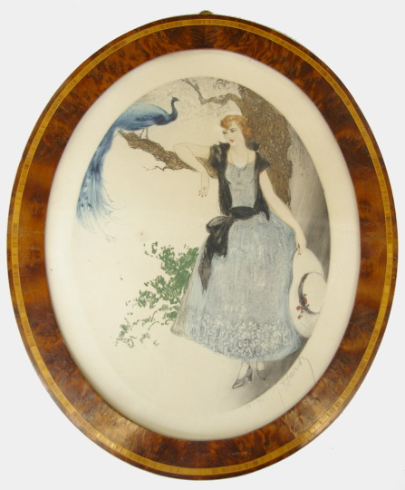 Appraisal: American School th Century Maiden with a Peacock hand-colored etching