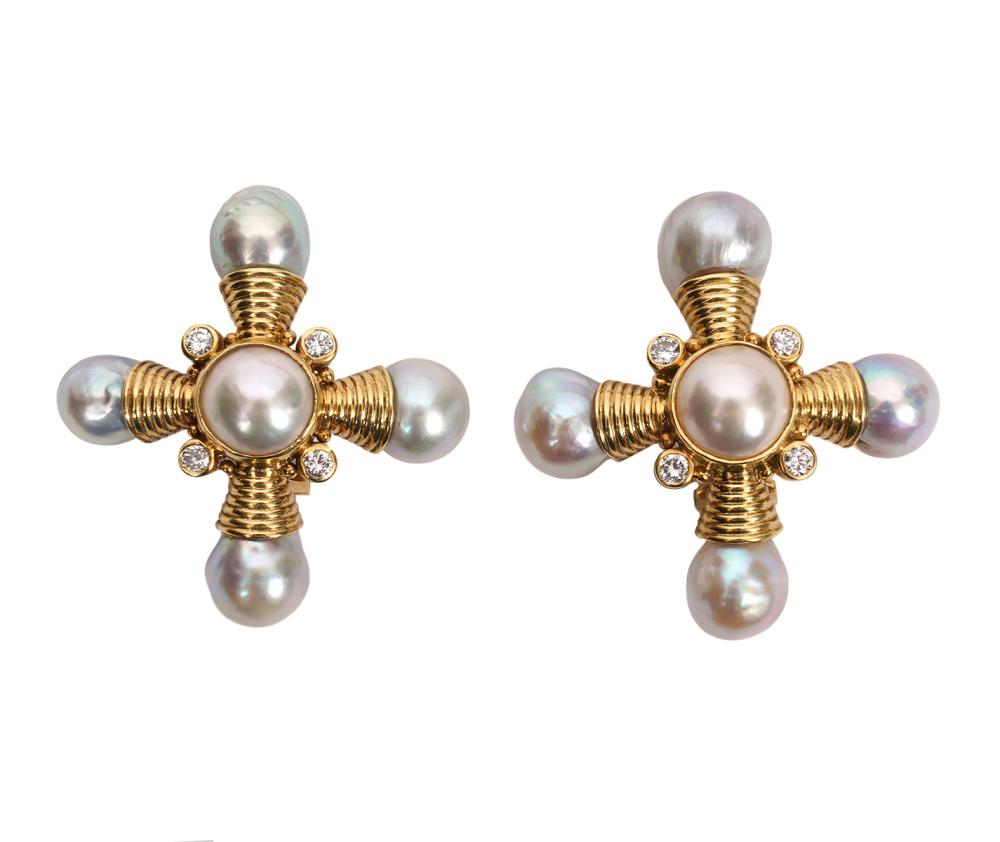 Appraisal: ELIZABETH GAGE K YG DIAMOND PEARL EARRINGSElizabeth Gage K yellow