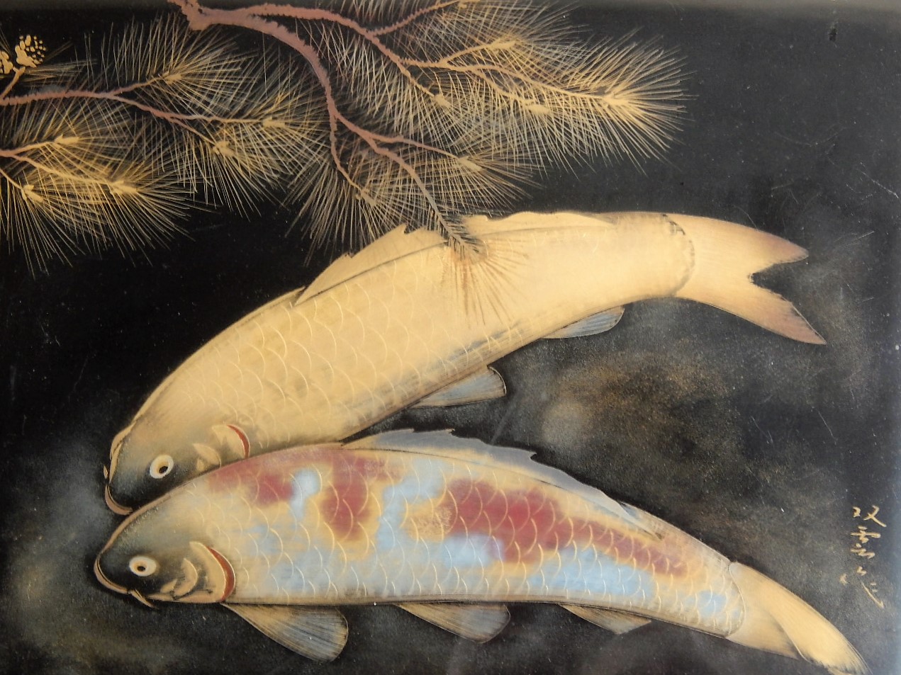 Appraisal: Japanese School Koi carp gilt lacquer on board signed detailed