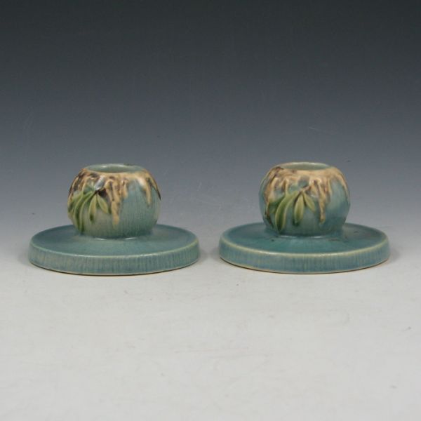 Appraisal: Roseville Moss low candlesticks in blue Marked Roseville One is