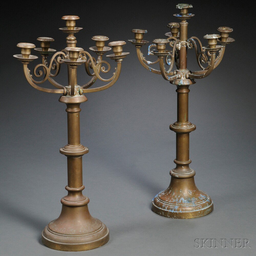 Appraisal: Pair of Six-light Brass Candelabra Continental th century each with