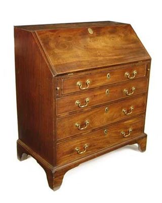 Appraisal: A George III mahogany bureau the interior fitted with pigeon