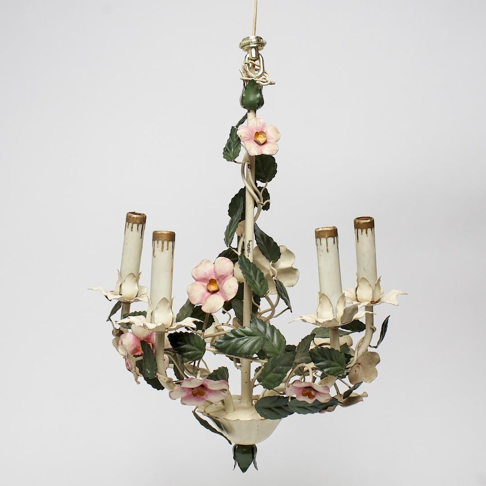 Appraisal: Toleware Floral Five-Arm Chandelier Tole chandelier vintage s five arms