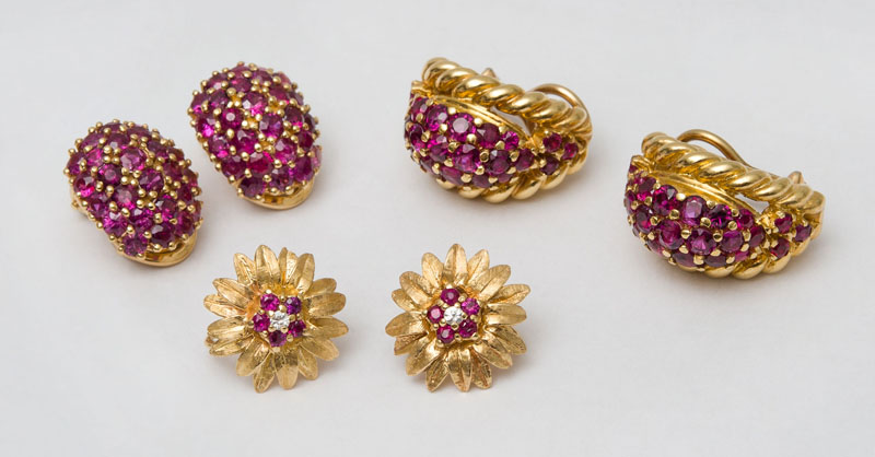 Appraisal: THREE PAIRS OF K GOLD AND RUBY EARCLIPS Stamped '