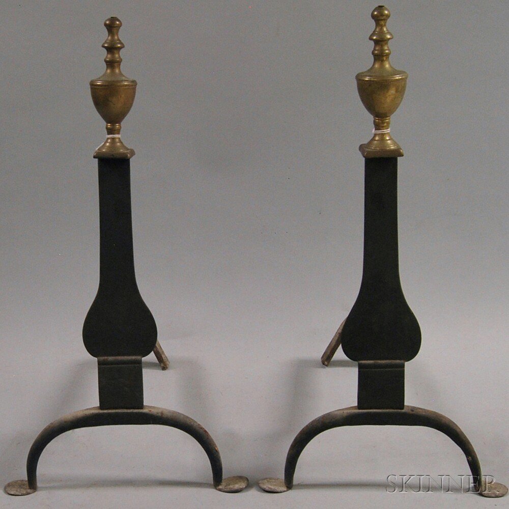 Appraisal: Pair of Urn-top Brass and Iron Knife Blade Andirons late