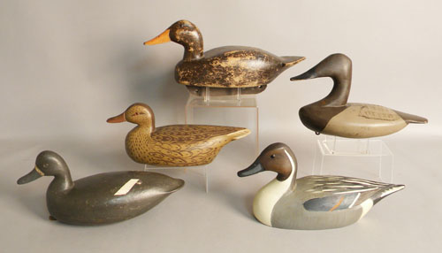 Appraisal: Group of five duck decoys th c mallard hen signed