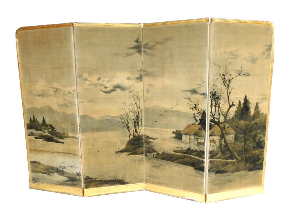 Appraisal: Four-panel floor screen with gilded carved frame panels are handpainted