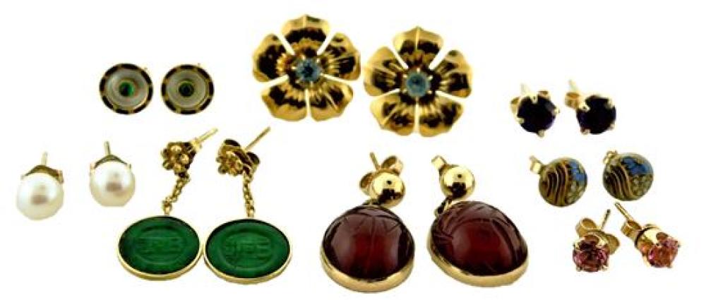 Appraisal: Eight pairs of pierced earrings including K Jadeite drop earrings