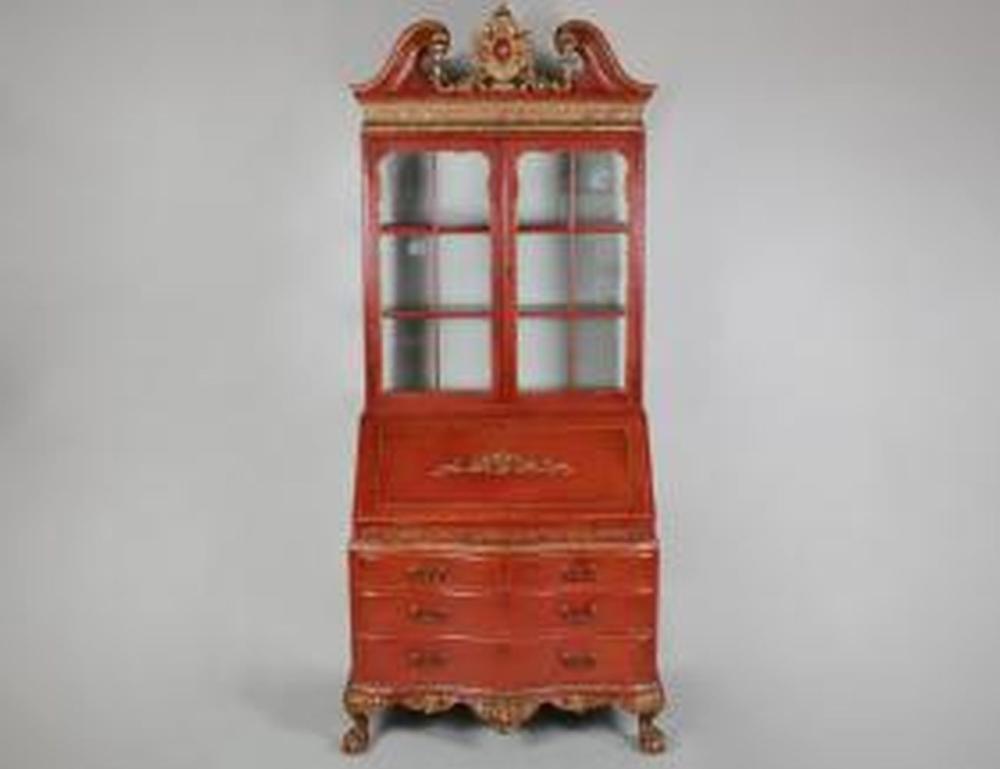 Appraisal: GERMAN BAROQUE STYLE RED LACQUER BUREAU BOOKCASE th Century The