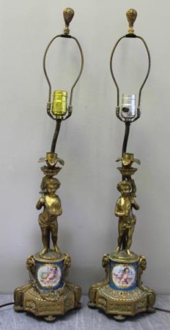 Appraisal: Pair of Antique Sevres Style Bronze Candlesticks Mounted as electric