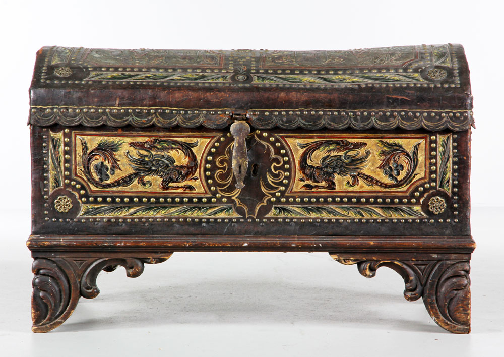 Appraisal: - Tooled Leather Spanish Trunk Spanish dome-topped trunk tooled leather