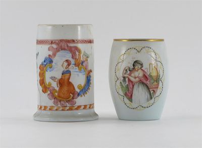 Appraisal: Two Continental opaline glass mugs one barrel-shaped and painted with