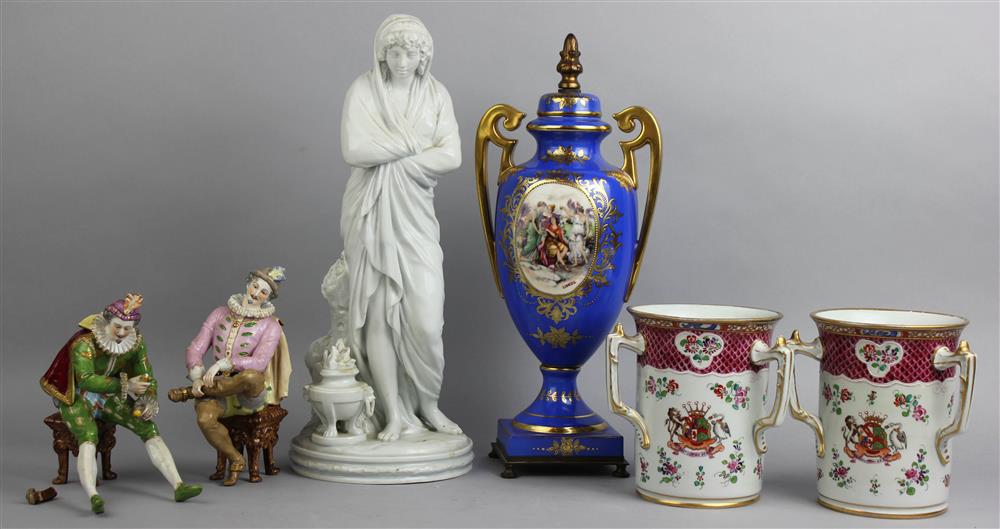 Appraisal: THREE CONTINENTAL PORCELAIN FIGURES A BLUE GROUND VASE AND A