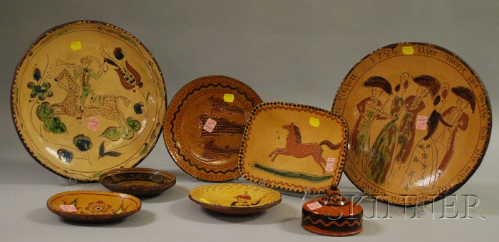 Appraisal: Eight Greg Shooner Glazed and Sgraffito-decorated Redware Items two chargers