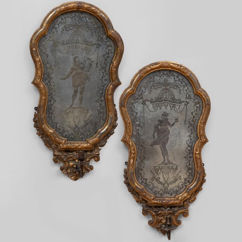 Appraisal: Pair of Italian Rococo Style Giltwood and Etched Glass Girandole