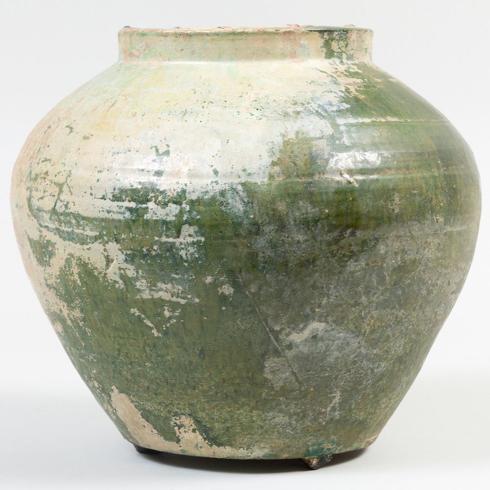 Appraisal: Green Glazed Pottery Jar Probably Han Dynasty in high Condition