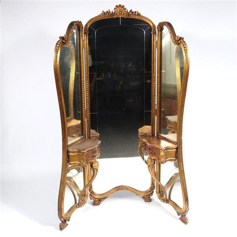 Appraisal: FRENCH GILT WOOD PANEL TRI-FOLD VANITY FLOOR MIRROR WITH DRAWER