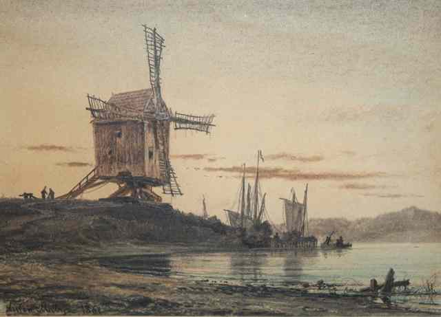 Appraisal: ANTON MELBYE - Coastal scene with fishing boats and windmill