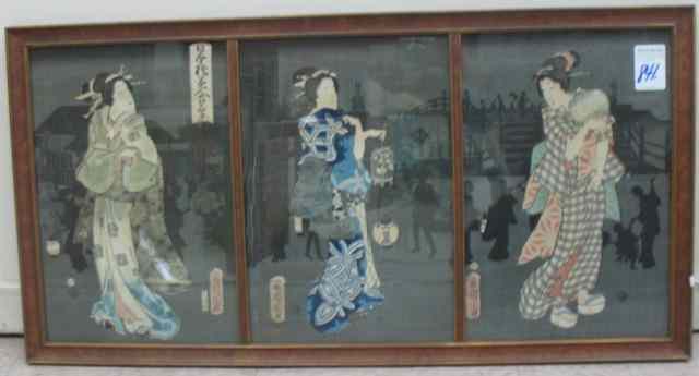 Appraisal: TOYOHARA KUNICHIKA THREE COLOR WOODCUTS forming a triptych Japanese -