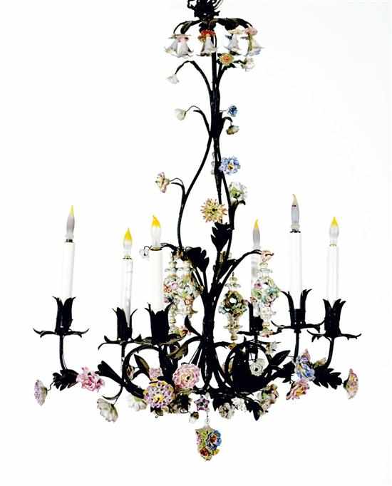 Appraisal: Continental wrought-metal and porcelain five-light chandelier early th century elaborate