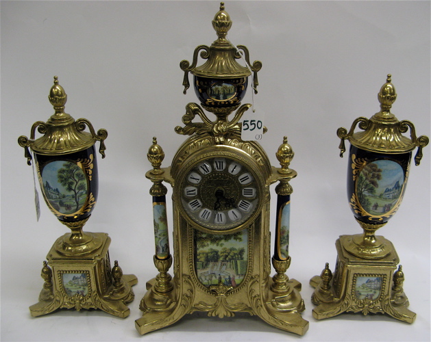 Appraisal: FRENCH STYLE GILT METAL AND PORCELAIN CLOCK SET including the