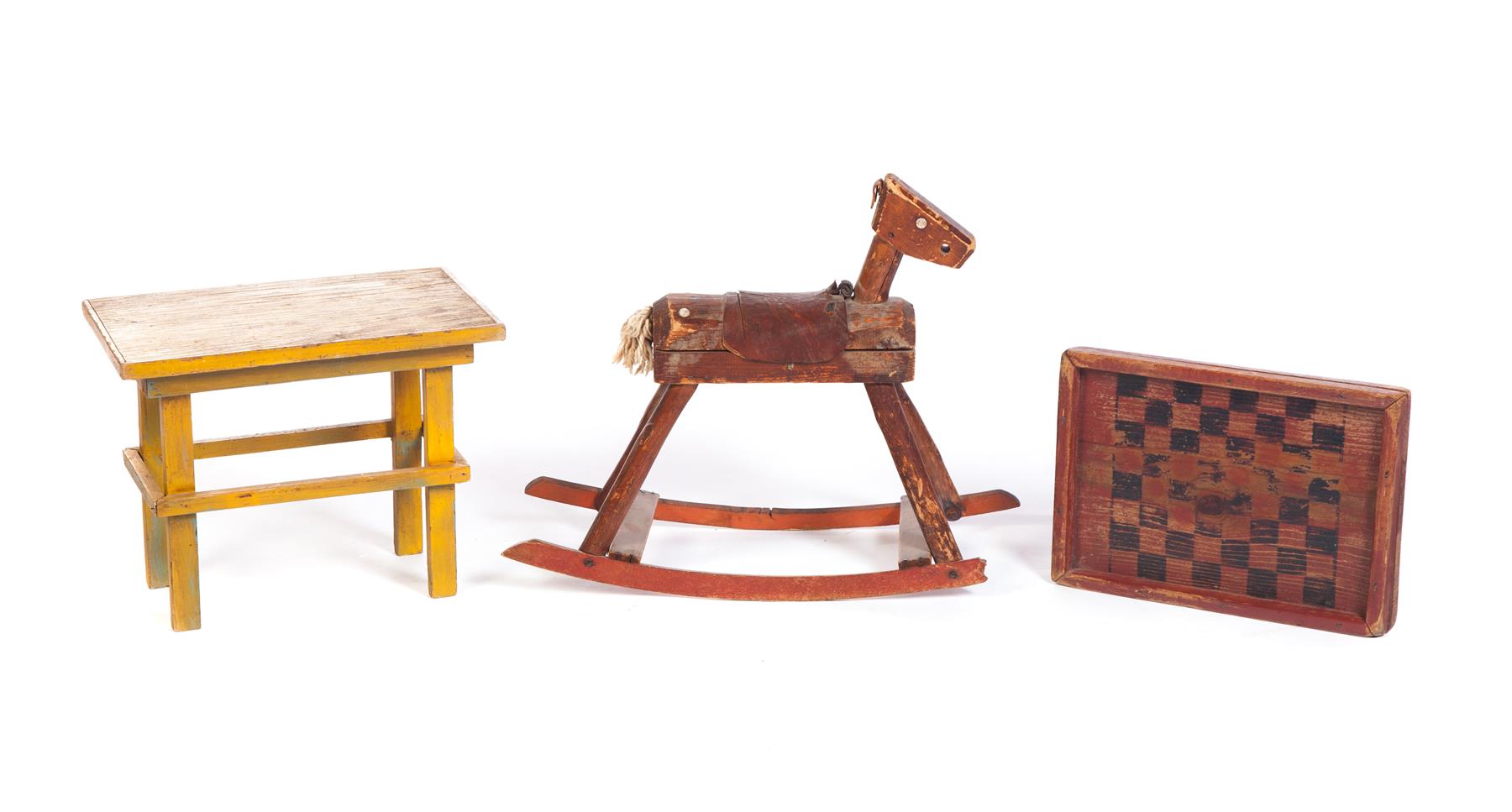 Appraisal: AMERICAN ROCKING HORSE AND TWO GAMEBOARDS Twentieth century Folksy wood