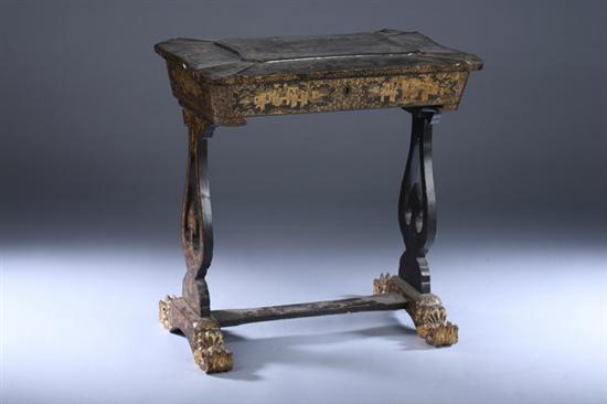 Appraisal: CHINESE EXPORT BLACK LACQUER AND GILT DECORATED PAPIER MACHE TRESTLE-BASE