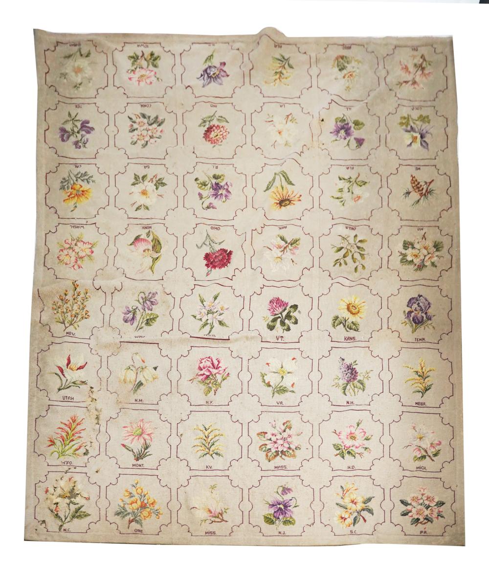 Appraisal: NEEDLEWORK RUGwool depicting state flowers in a grid pattern on