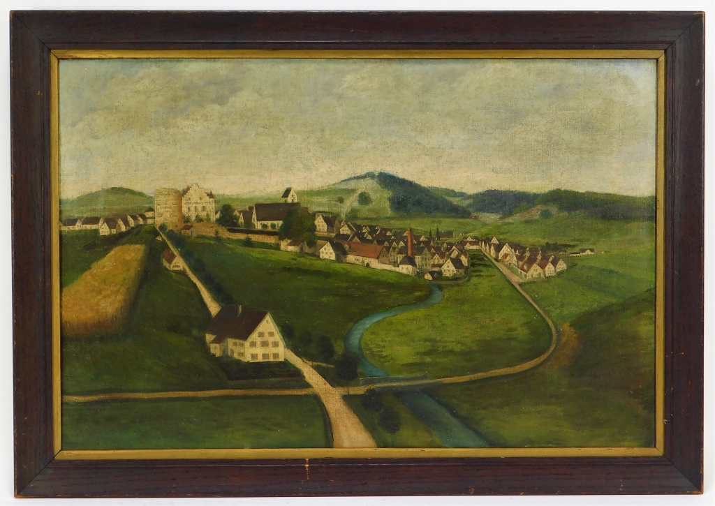 Appraisal: GERMANIC VILLAGE OVERLOOK LANDSCAPE PAINTING Europe Vast green landscape mottled