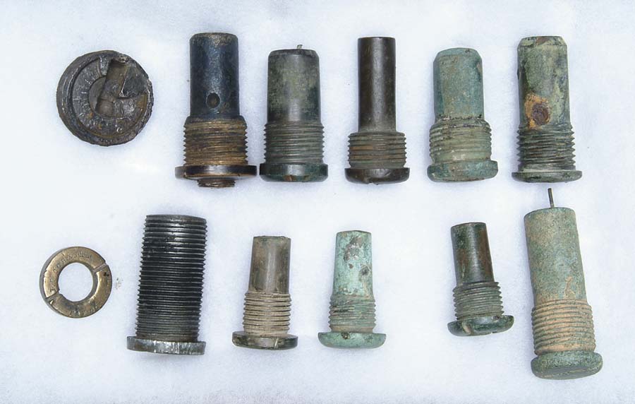 Appraisal: COLLECTION OF US FUSES Excavated three brass Hotchkiss time fuses