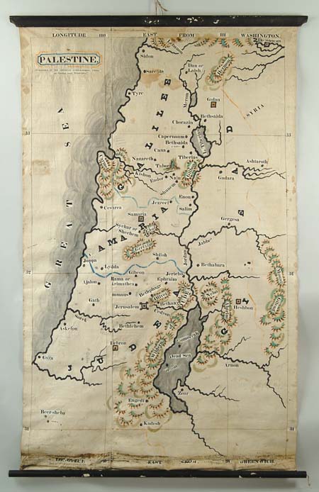 Appraisal: HAND DRAWN COLORED ROLL UP WALL MAP OF PALESTINE th