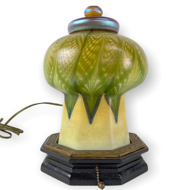 Appraisal: Tiffany Mosque Pulled Feather Favrile Desk LampBoth glass componets of