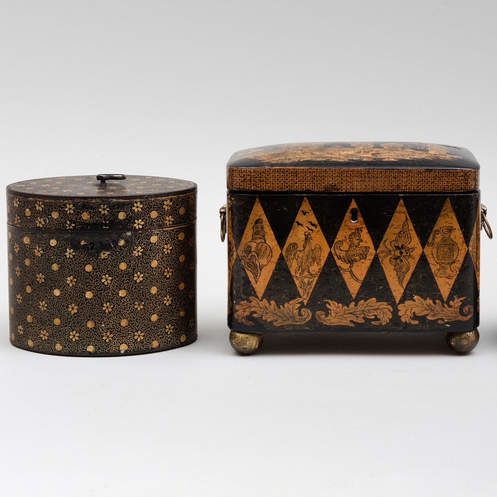 Appraisal: Regency Penwork Tea Caddy and a Painted Tole Ovoid Tea