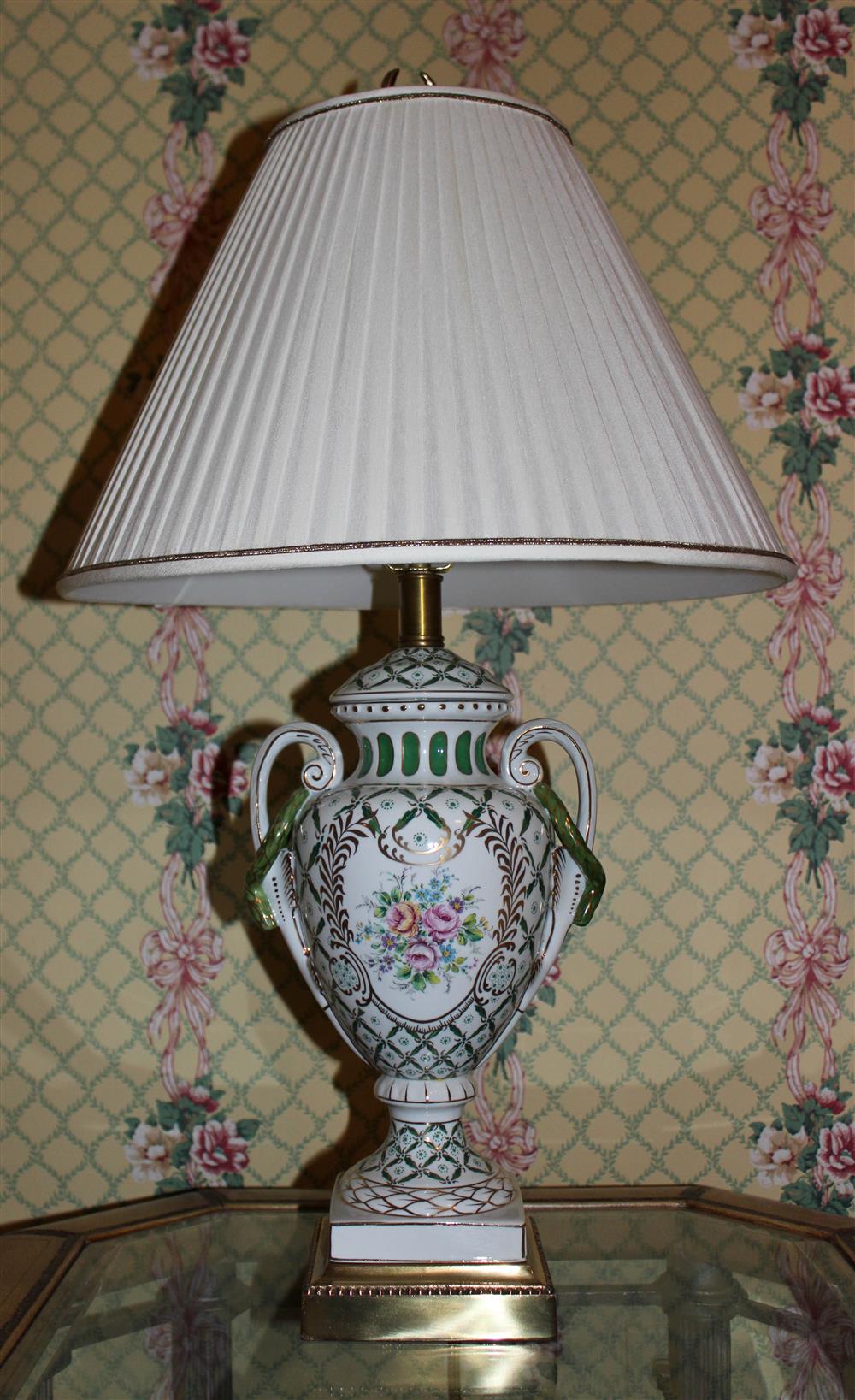 Appraisal: FREDERICK COOPER FLORAL PAINTED URN LAMPS WITH PLEATED SHADES -