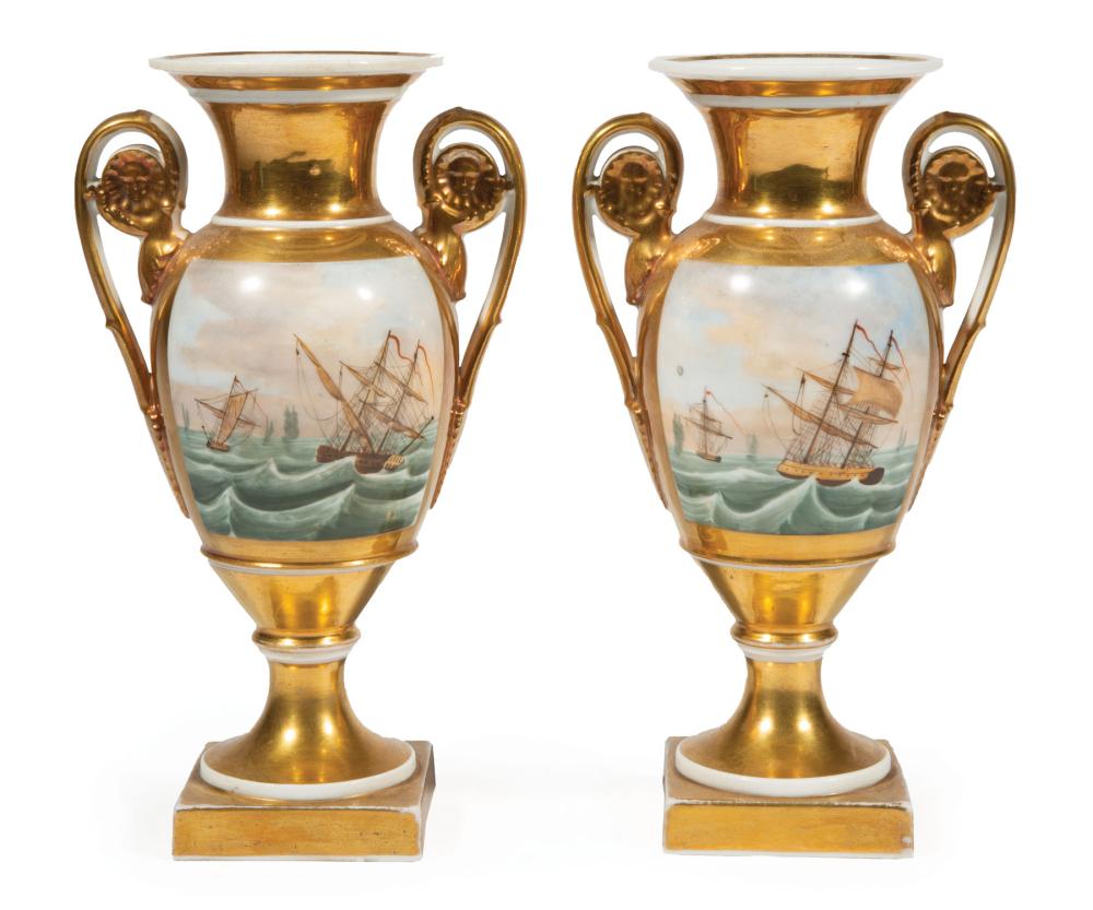 Appraisal: Pair of Paris Gilt Porcelain Vases c polychrome reserves with