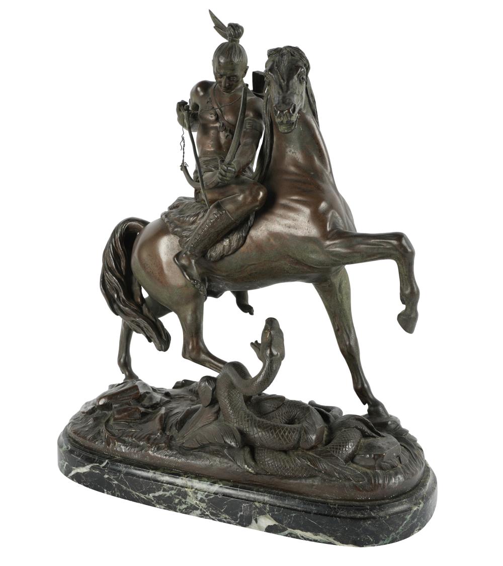 Appraisal: BRONZE FIGURE OF A MOUNTED INDIAN WARRIORsigned inches wide total