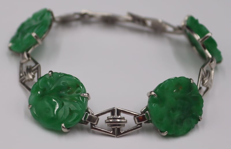 Appraisal: JEWELRY ART DECO STYLE PLATINUM AND CARVED JADE Bracelet Art