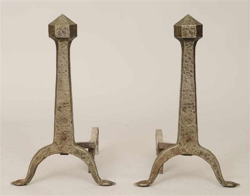 Appraisal: PAIR OF MODERN HAMMERED METAL ANDIRONS Provenance Property from a