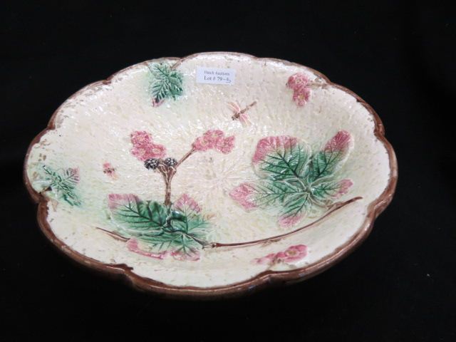 Appraisal: Majolica Pottery Bowl with Pedestal Base dragonfly berry floral diameter