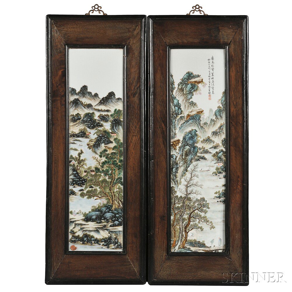 Appraisal: Pair of Framed Porcelain Plaques China Republic Period depicting two