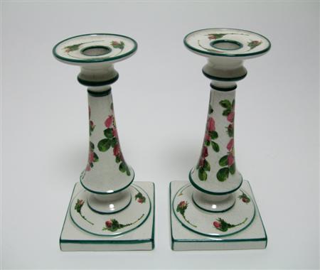 Appraisal: WEMYSS PAIR OF SQUARE BASE CANDLESTICKS EARLY TH CENTURY decorated